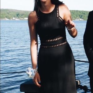 TOBI Black High Neck Gown with Cutouts. Perfect for Prom or Formal!